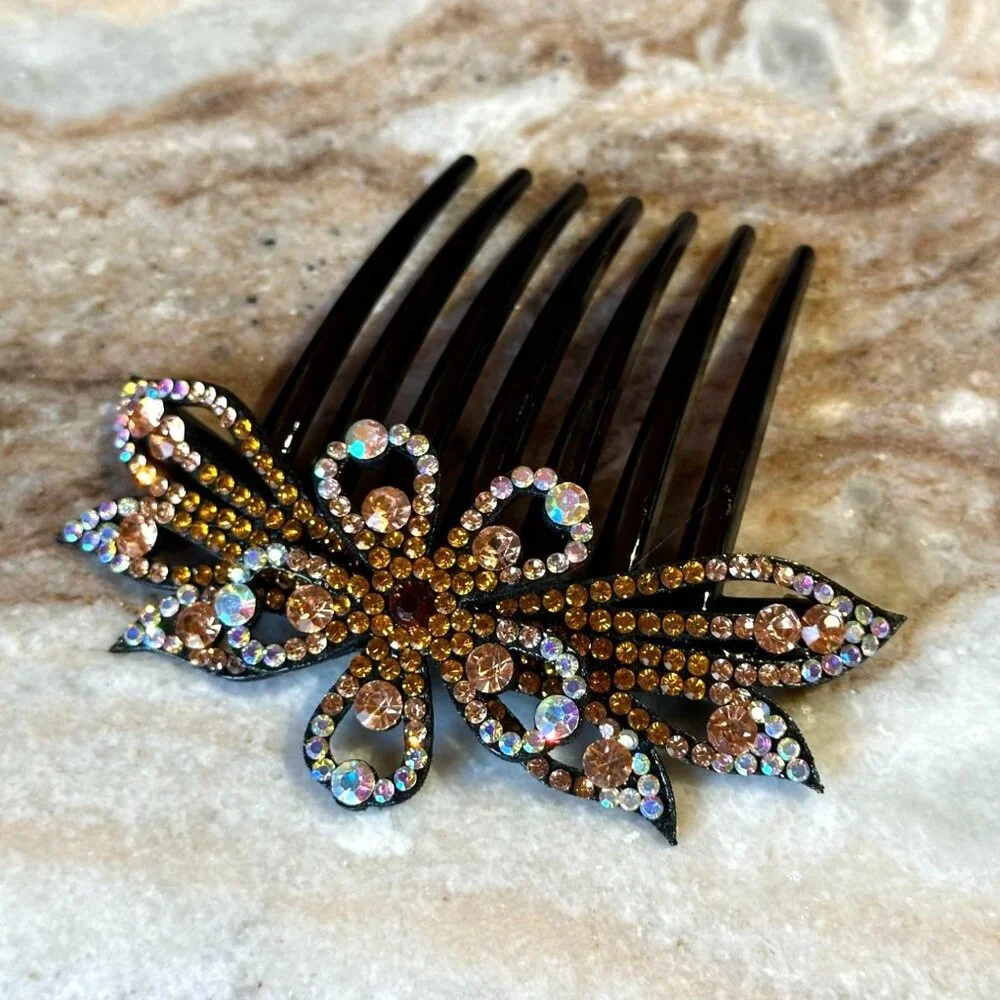 Oversized Topaz Crystal Rhinestone Flower Hair Comb Black Acrylic Base Felt Back - Picture 1 of 2
